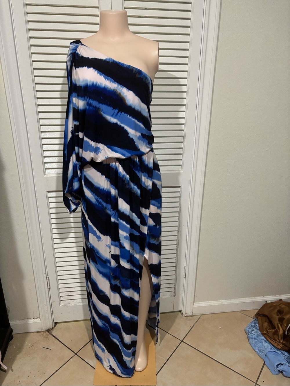 Boston Proper One-Shoulder Blue, White & Black Stripe Maxi Dress